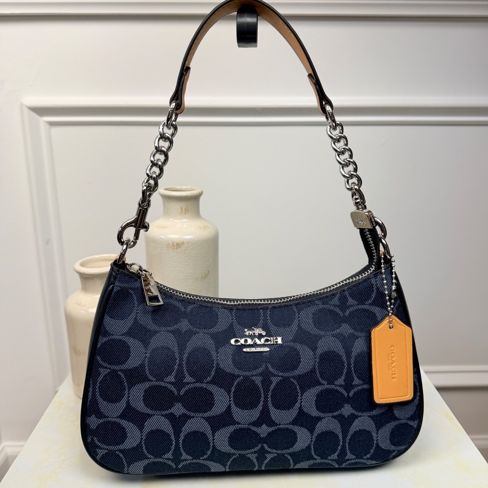 Coach Teri Signature Denim Canvas Shoulder Bag Navy Silver